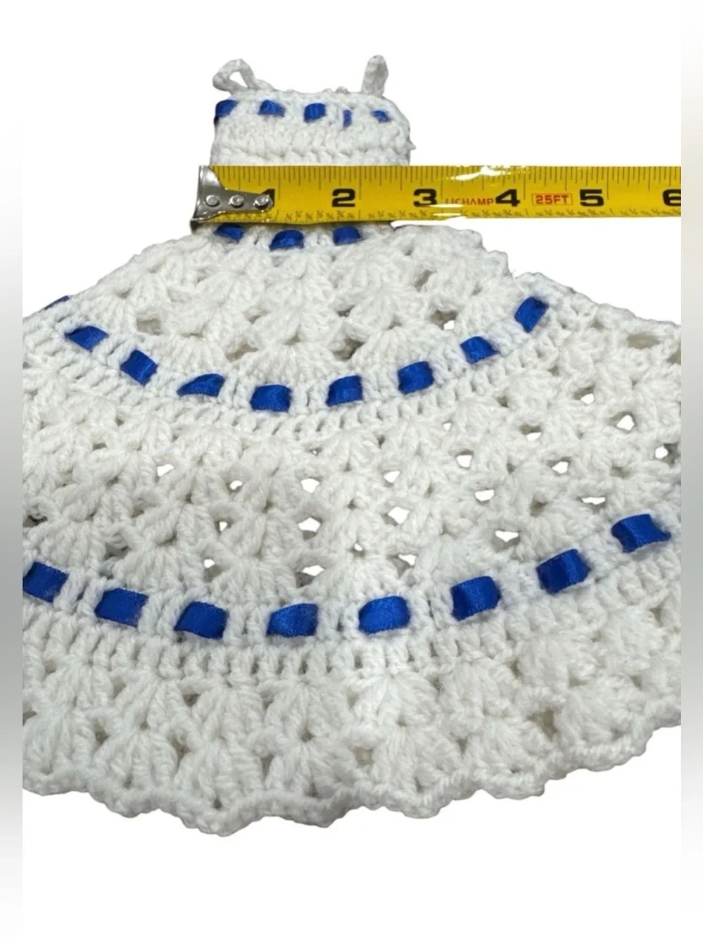 Handmade Crochet Toilet Tissue Doll Cover White & Blue Dress And Hat Set (DOLL N - Picture 3 of 5
